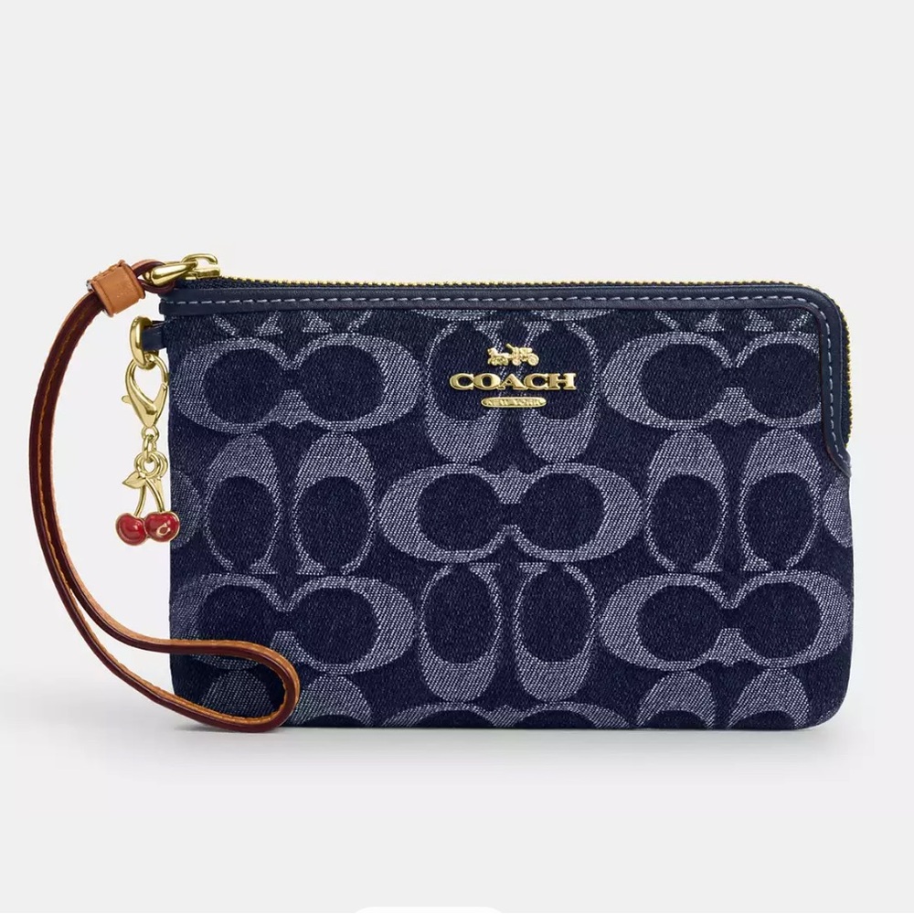 NWT 🍒Coach Blue Signature Wristlet with Removable Cherry Charm